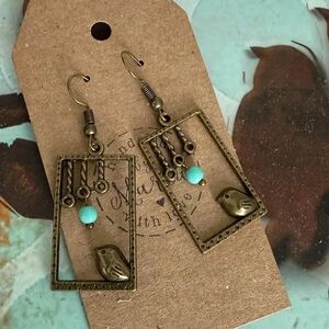 Vintage Style Perched Bird Bronze Earrings with Robins Egg Czech Glass Beads